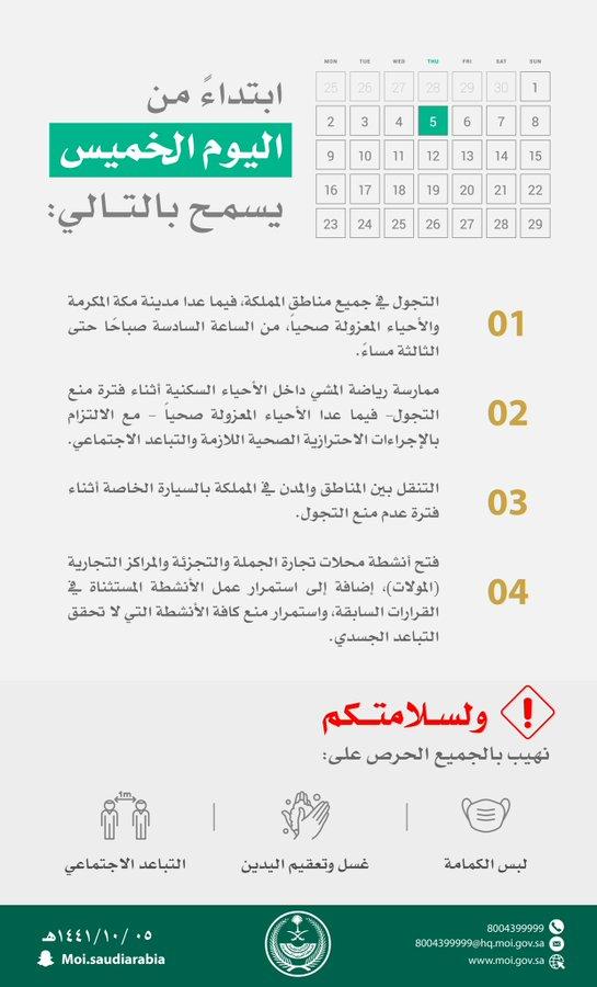 وزارة الداخلية السعودية: بدء السماح بالتجول في جميع مناطق المملكة عدا مكة والمدينة !